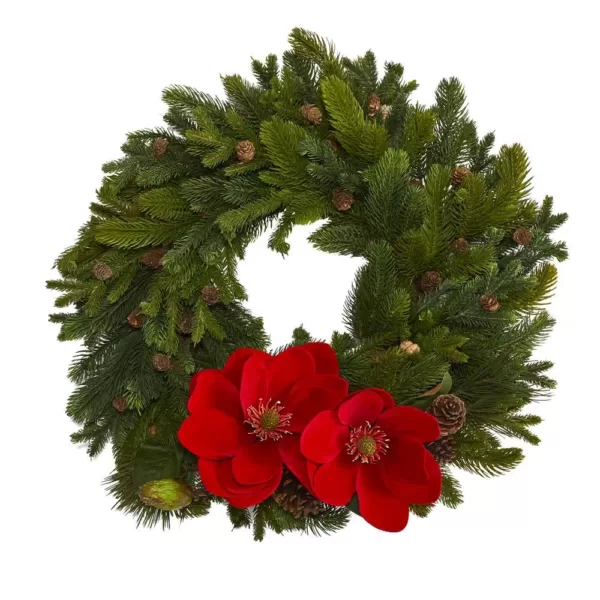 Nearly Natural 30 in. Magnolia Pine and Pinecone Artificial Wreath