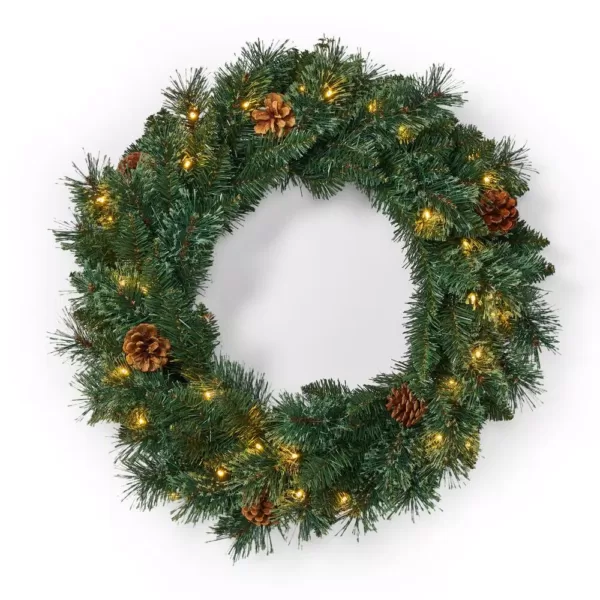 Noble House 24 in. Green Battery Operated Pre-Lit Warm White LED Mixed Pine Artificial Christmas Wreath with Pine Cones