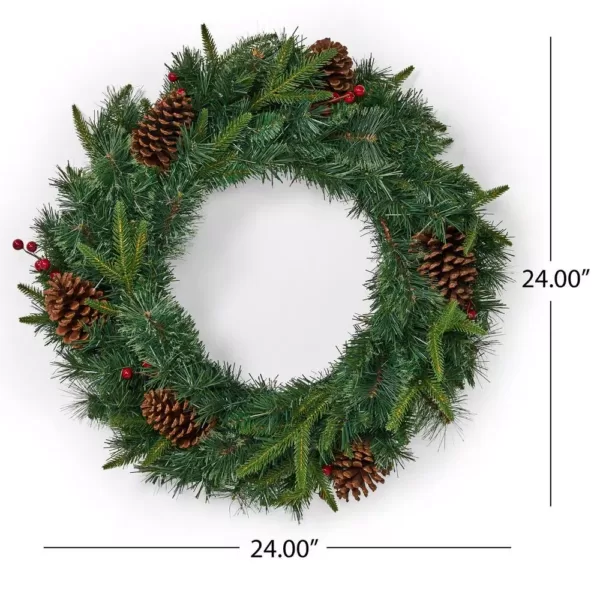 Noble House 24 in. Green Battery Operated Pre-Lit Warm White LED Mixed Pine Artificial Christmas Wreath with Pine Cones and Berries