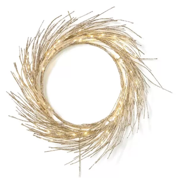 Noble House 24 in. Champagne Glitter Battery Operated Pre-Lit Warm White LED Artificial Christmas Wreath