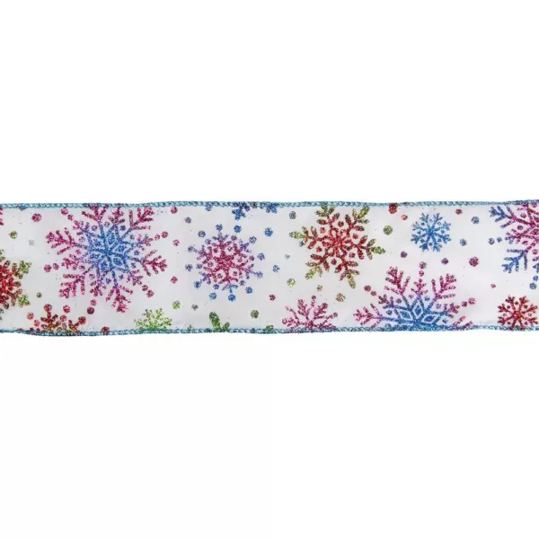 Northlight 2.5 in. x 16 yds. Shimmering White and Rainbow Glitter Snowflake Wired Christmas Craft Ribbon