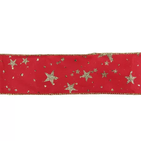 Northlight 2.5 in. x 16 yds. Metallic Gold Glitter Stars on Bright Red Wired Craft Ribbon