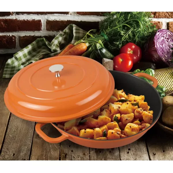 MasterPan Enamel 3 qt. Round Cast Aluminum Nonstick Casserole Dish in Orange with Lid