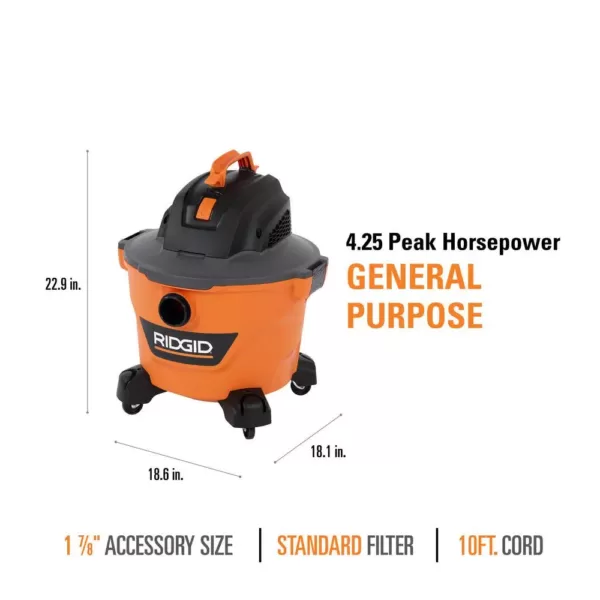 RIDGID 9 Gal. 4.25-Peak HP NXT Wet/Dry Shop Vacuum with Standard Filter, Wet Filter, Dust Bags, Hose and Accessories