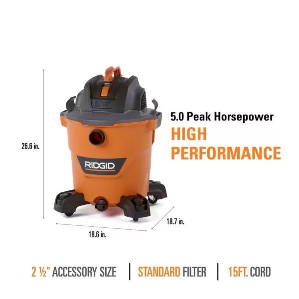 RIDGID 12 Gal. 5.0-Peak HP NXT Wet/Dry Shop Vacuum with Filter, Hose, Accessories, OSHA and HEPA Filtration Kit