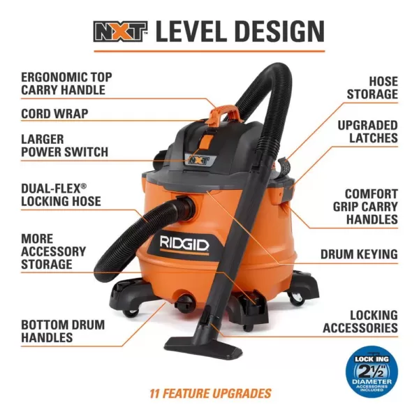 RIDGID 14 Gal. 6.0-Peak HP NXT Wet/Dry Shop Vacuum with Filter, Wet Application Filter, Hose and Accessories