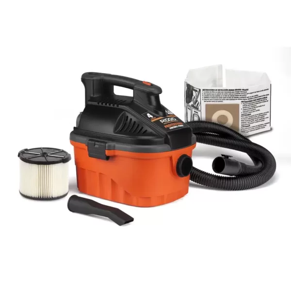 RIDGID 4 Gal. 5.0-Peak HP Portable Wet/Dry Shop Vacuum with Filter, Dust Bag, Locking Hose and Car Nozzle