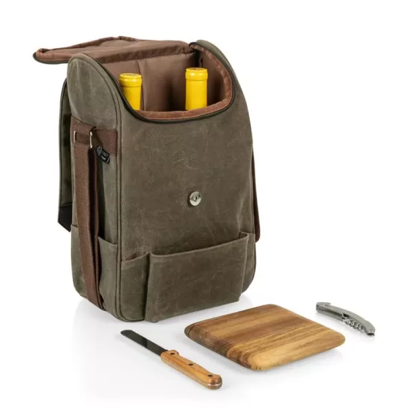 Picnic Time 2-Bottle Khaki Green Waxed Canvas Wine Cooler Bag and Cheese Board Set