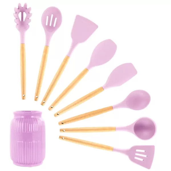 MegaChef Pink Silicone and Wood Cooking Utensils (Set of 9)