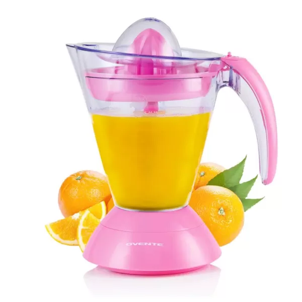 Ovente 34 oz. Pink Electric Citrus Juicer 2 Auto-Reversing Cones Capacity, Pressure-Activated, Strainer, Pulp Control