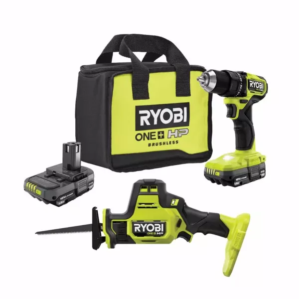 RYOBI ONE+ HP 18V Brushless Cordless Compact with 1/2 in. Drill/Driver, One-Handed Recip Saw, (2) 1.5 Ah Batteries, Charger