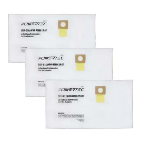 POWERTEC Self-Cleaning Fleece Bag Replacement for Dustless Technologies Wet Dry Vacuums (3-Pack)