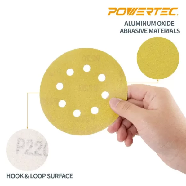 POWERTEC 5 in. 8 Hole 60-Grit Hook and Loop Sanding Discs in Gold (50-Pack)