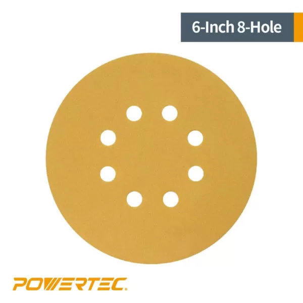 POWERTEC 6 in. 8-Hole 150-Grit Hook and Loop Sanding Discs in Gold (50-Pack)