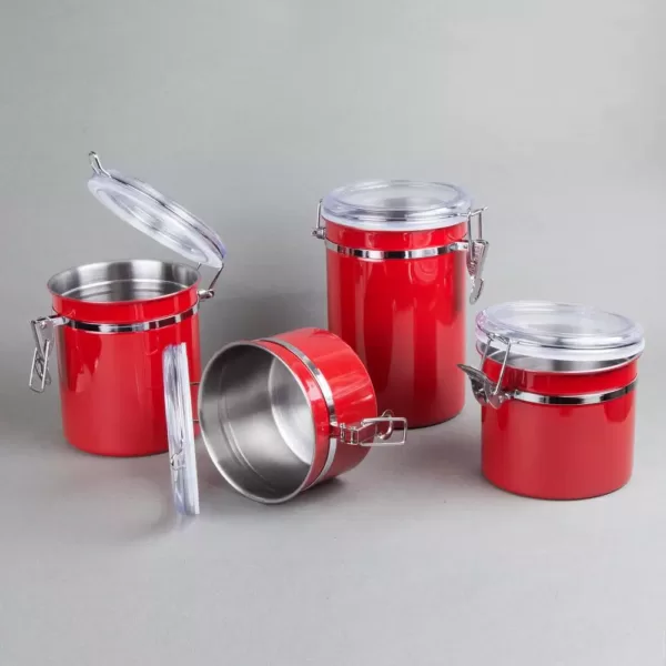 Creative Home Set of 4-Pieces Red Stainless Steel Canister Storage Container with Air Tight Lid and Locking Clamp