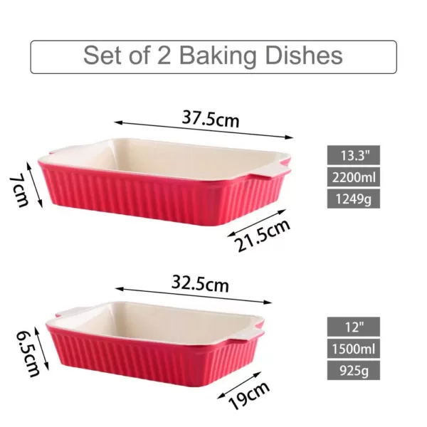 MALACASA 2-Piece Red Rectangle Porcelain Bakeware Set 12 in. and 13 in. Baking Dish