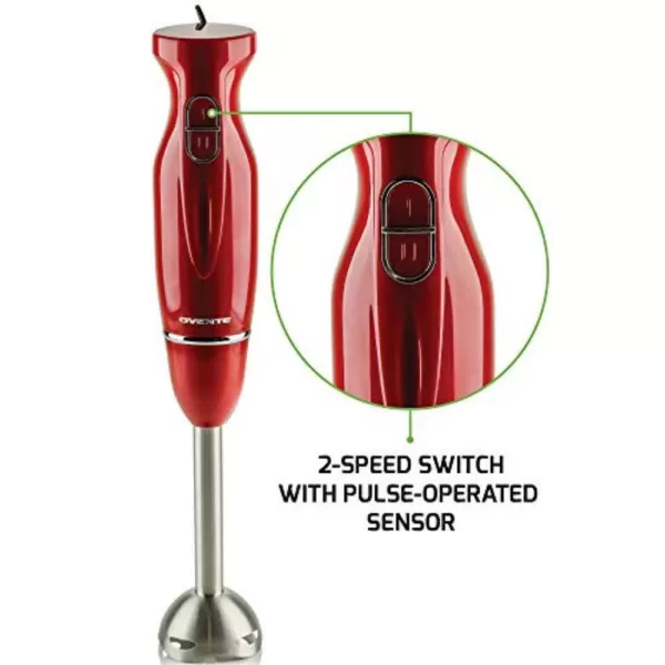 Ovente Immersion Blender, Stainless Steel Blades, 300W Multipurpose Hand Mixer, 2-Speed Settings, Red (HS560R)