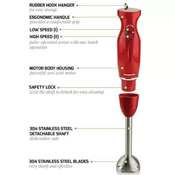 Ovente Immersion Blender, Stainless Steel Blades, 300W Multipurpose Hand Mixer, 2-Speed Settings, Red (HS560R)