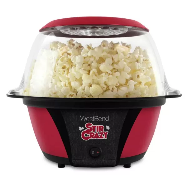 West Bend 6 oz. Red Stir Crazy Electric Hot Oil Popcorn Popper Machine with Stirring Rod Large Lid with Improved Butter Melting