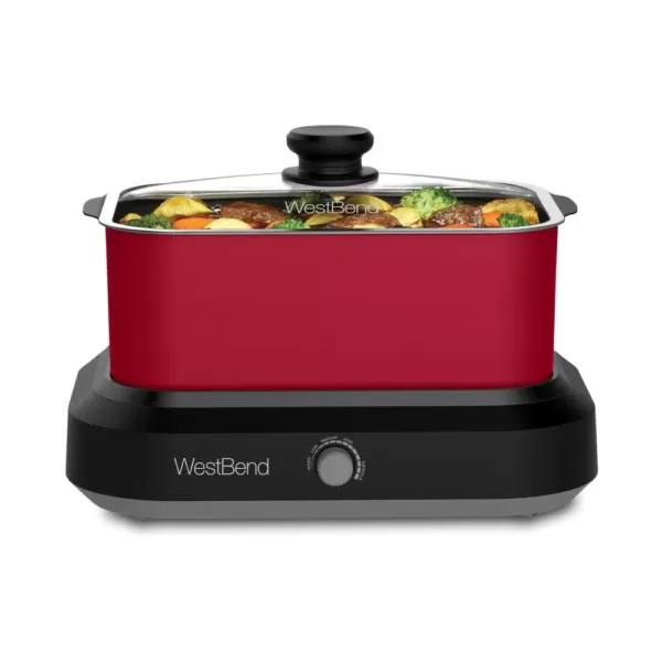 West Bend 5 qt. Red Non-Stick Versatility Slow Cooker with 5-Temperature Settings Includes Travel Lid and Thermal Tote