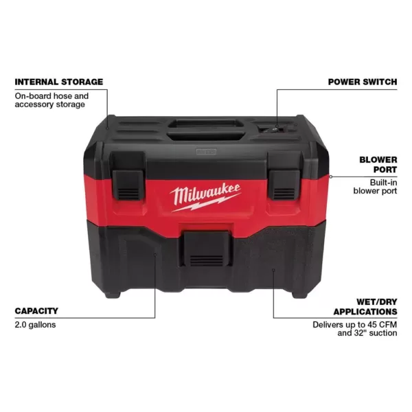 Milwaukee M18 18-Volt 2 Gal. Lithium-Ion Cordless Wet/Dry Vacuum (Tool-Only)