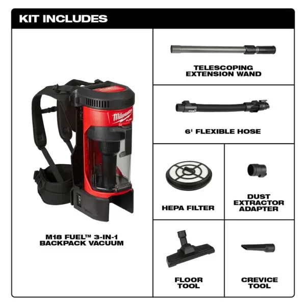 Milwaukee M18 FUEL 18-Volt Lithium-Ion Brushless 1 Gal. Cordless 3-in-1 Backpack Vacuum (Tool-Only)