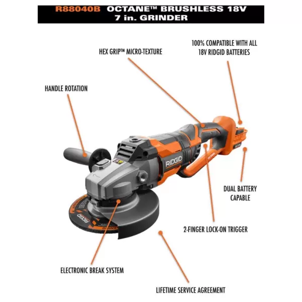 RIDGID 18-Volt OCTANE Cordless Brushless 7 in. Dual Angle Grinder Kit with (1) OCTANE Bluetooth 3.0 Ah Battery and Charger