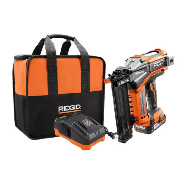 RIDGID 18-Volt Lithium-Ion Cordless Brushless HYPERDRIVE 18-Gauge 2-1/8 in. Brad Nailer, Battery, Charger, Belt Clip, Bag