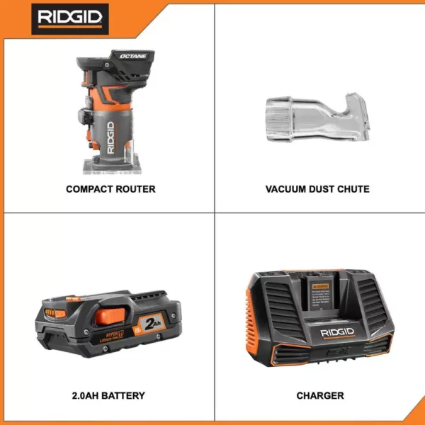 RIDGID 18-Volt OCTANE Cordless Brushless Compact Fixed Base Router with 18-Volt Lithium-Ion 2.0 Ah Battery Pack and Charger Kit