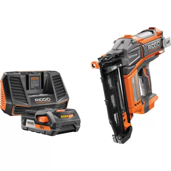 RIDGID 18-Volt Cordless Brushless HYPERDRIVE 16-Gauge 2-1/2 in Straight Nailer, 2 Ah Battery, Charger, Nails, Belt Clip and Bag