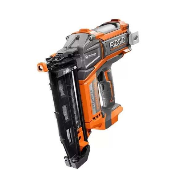 RIDGID 18-Volt Cordless Brushless HYPERDRIVE 16-Gauge 2-1/2 in. Straight Finish Nailer(Tool Only), Belt Clip, Bag, Sample Nails