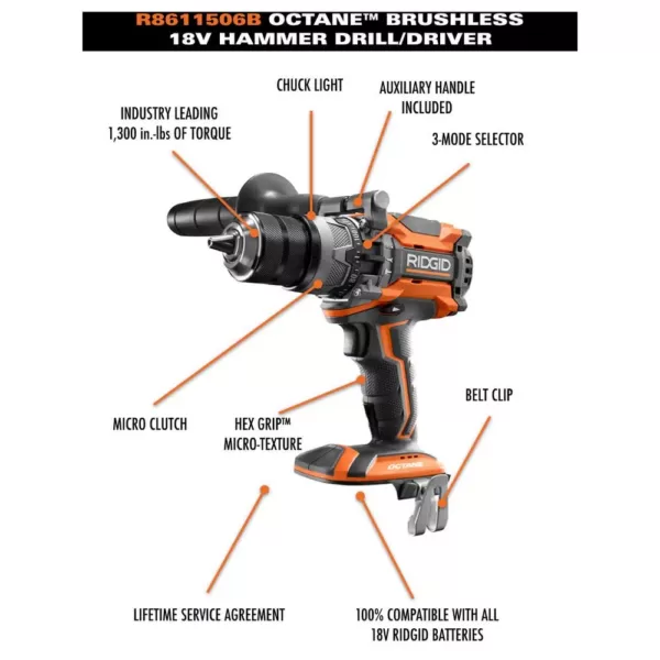 RIDGID 18-Volt OCTANE Cordless Brushless 1/2 in. Hammer Drill/Driver with 18-Volt Lithium-Ion 1.5 Ah Battery