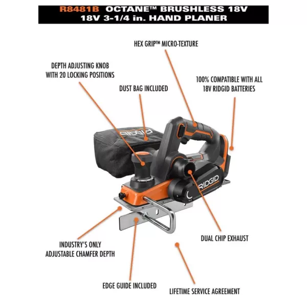 RIDGID 18-Volt OCTANE Cordless Brushless 3-1/4 in. Hand Planer (Tool Only)