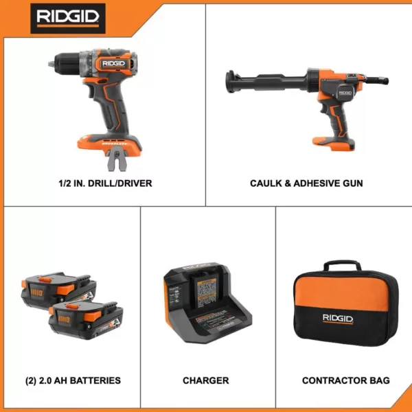 RIDGID 18V Brushless SubCompact 1/2 in. Drill/Driver Kit w/ 18V 10 oz Caulk and Adhesive Gun, 2 Batteries, Charger, Bag