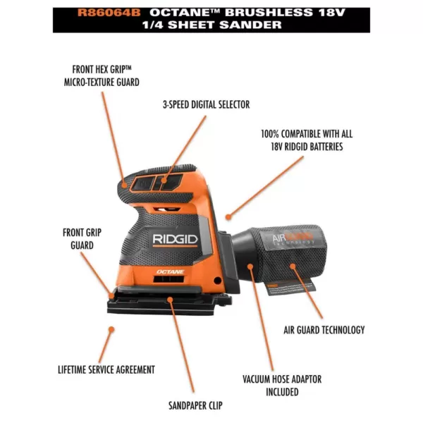 RIDGID 18-Volt OCTANE Cordless Brushless 3-Speed 1/4 Sheet Sander