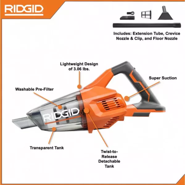 RIDGID 18-Volt Cordless Hand Vacuum (Tool Only) with Crevice Nozzle, Utility Nozzle and Extension Tube