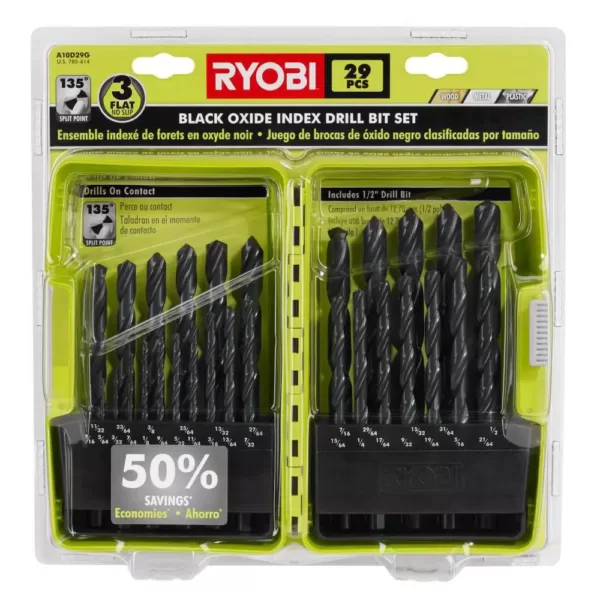 RYOBI Black Oxide Index Drill Bit Set (29-Piece) with BONUS 25FT Tape Measure