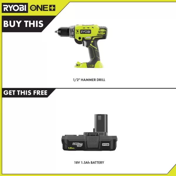 RYOBI 18-Volt ONE+ Cordless 1/2 in. Hammer Drill/Driver with 1.5 Ah Compact Lithium-Ion Battery