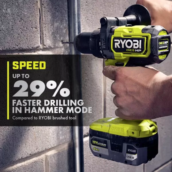 RYOBI ONE+ HP 18V Brushless Cordless 1/2 in. Hammer Drill Kit with (1) 4.0 Ah HIGH PERFORMANCE Battery, Charger, and Tool Bag