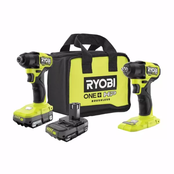 RYOBI ONE+ HP 18V Brushless Cordless Compact 1/4 in. Impact Driver, 3/8 in. Impact Wrench, (2) Batteries, Charger, and Bag