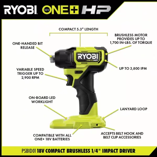 RYOBI ONE+ HP 18V Brushless Cordless Compact 1/4 in. Impact Driver and 3/8 in. Right Angle Drill with (2) Batteries, Charger