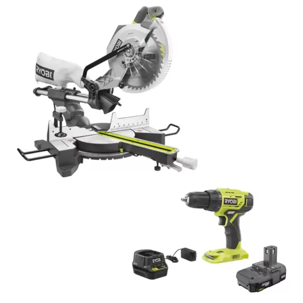 RYOBI 15 Amp 10 in. Sliding Compound Miter Saw and 18-Volt Cordless ONE+ 1/2 in. Drill/Driver Kit w/(1)1.5 Ah Battery, Charger