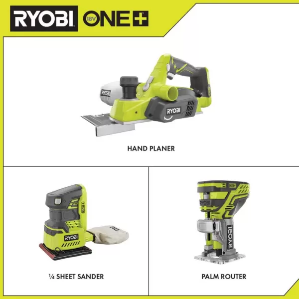 RYOBI 18-Volt ONE+ 3-1/4 in. Planer, 1/4 Sheet Sander with Dust Bag, and Fixed Base Trim Router (Tools Only)