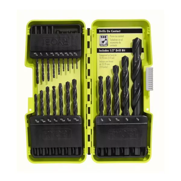 RYOBI 18-Volt Cordless ONE+ 1/2 in. Drill/Driver Kit w/(1) 1.5 Ah Battery and Charger and Black Oxide Drill Bit Set (21-Piece)