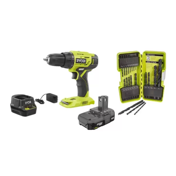 RYOBI 18-Volt Cordless ONE+ 1/2 in. Drill/Driver Kit w/(1) 1.5 Ah Battery and Charger and Black Oxide Drill Bit Set (21-Piece)