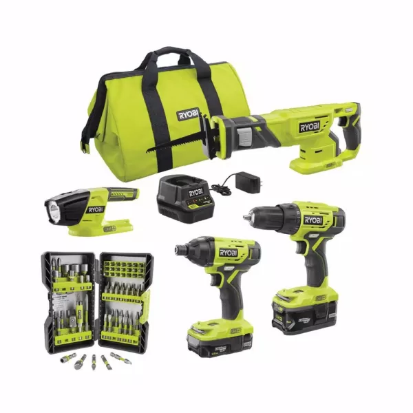 RYOBI 18-Volt ONE+ Cordless 4-Tool Combo Kit w/ (2) Batteries, Charger & Bag w/ BONUS Impact Rated Driving Kit (70-Piece)