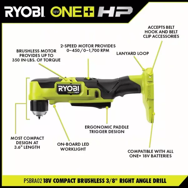 RYOBI ONE+ HP 18V Brushless Cordless Compact 3/8 in. Right Angle Drill and 3/8 in. Impact Wrench (Tools Only)