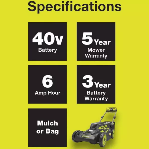 RYOBI 20 in. 40-Volt 6.0 Ah Lithium-Ion Battery Brushless Cordless Walk Behind Self-Propelled Lawn Mower with Charger Included