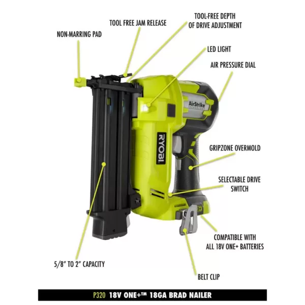 RYOBI 18-Volt ONE+ Lithium-Ion Cordless AirStrike 18-Gauge Brad Nailer and 16-Gauge Straight Nailer 2-Tool Combo Kit