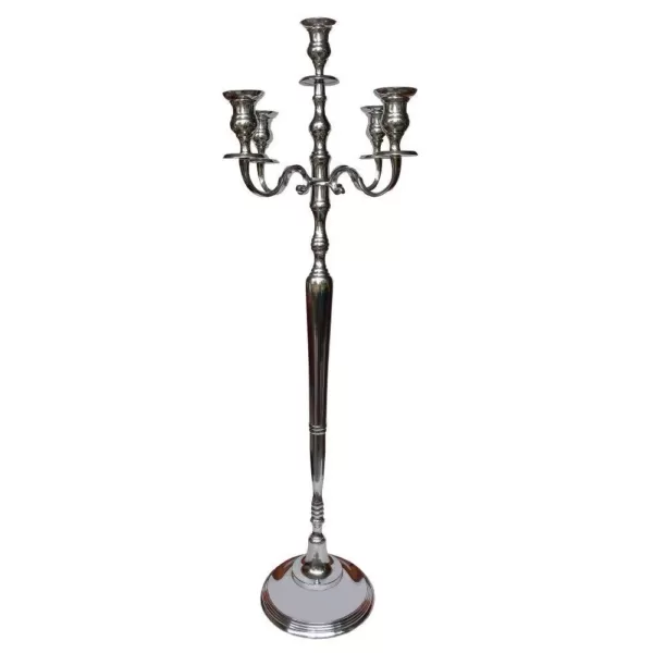 Benjara 48 Inches Silver Handcrafted 5 Arms Aluminum Candelabra with Fluted Top